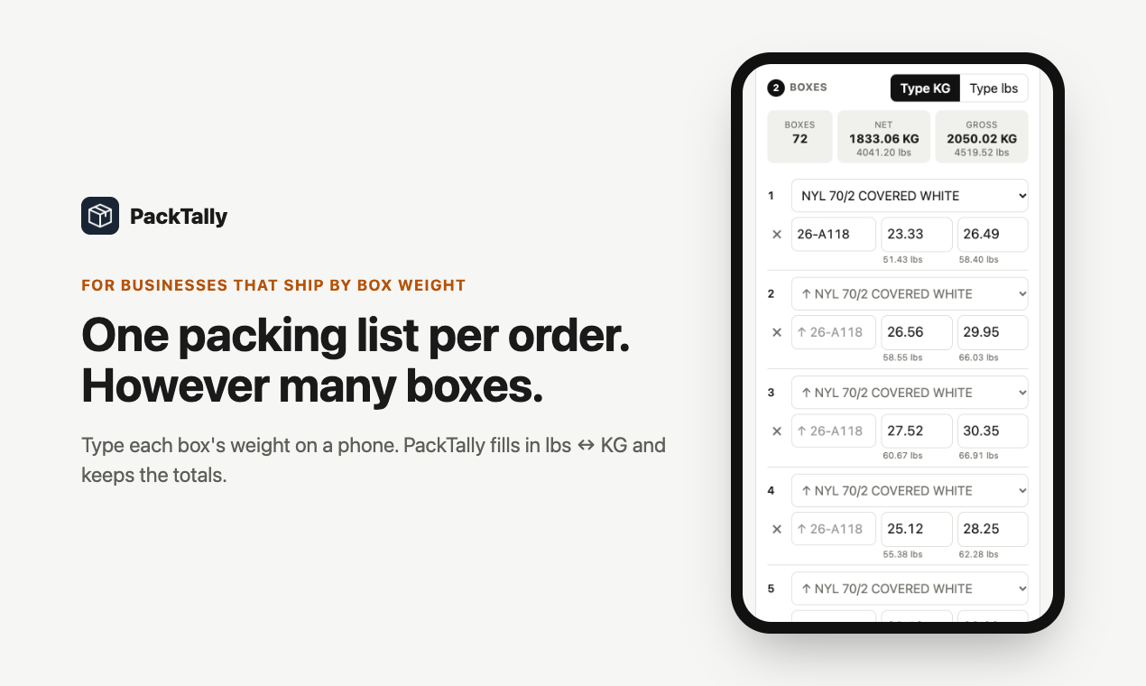 PackTally on a phone: a packing list with box weights in kilos and pounds